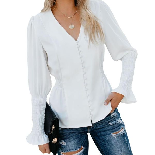 

women's blouses & shirts autumn fashion women ruched blouse v neck button long sleeve waisted elegant lady hight street pleated solid c, White