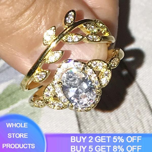 

cluster rings yanhui leaf crystal engagement women's eternity wedding band for female 18k gold set silver 925 jewelry gifts, Golden;silver