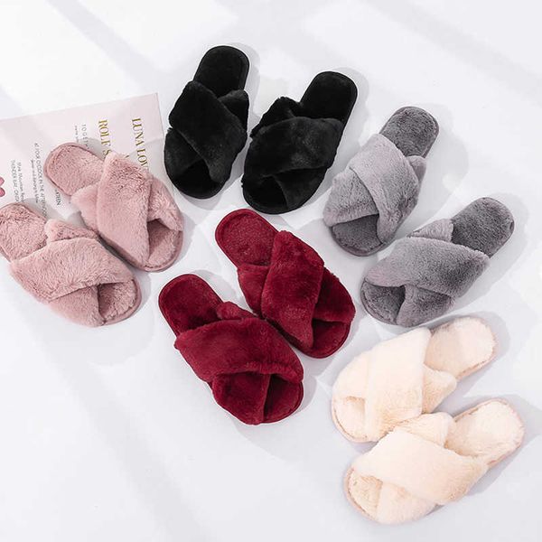 

winter women house slippers faux fur fashion warm shoes woman slip on flats female slides black pink cozy home furry slippers 210908
