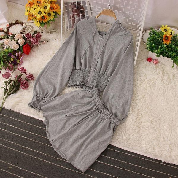 

women's tracksuits fitaylor spring summer women fashion two piece set hooded zipper long sleeve coat+elastic high waist wide leg short, Gray