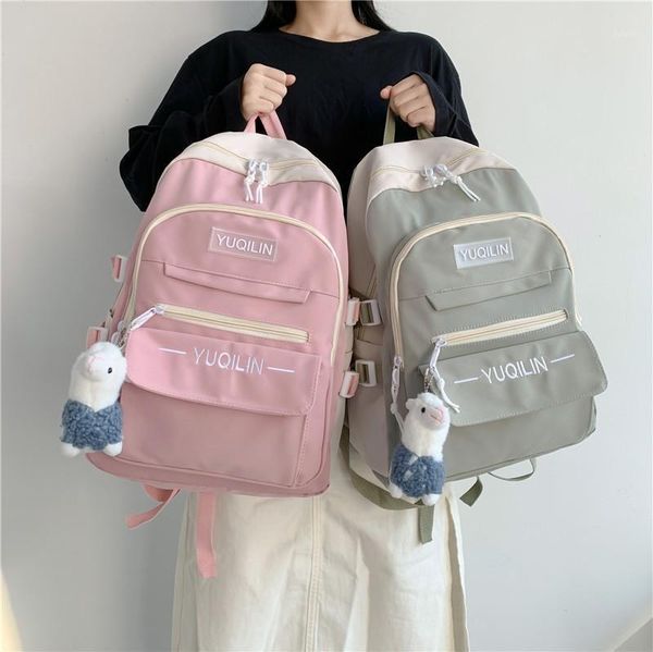 

school bags winter fashion women backpacks kawaii pendant canvas bag for girls large-capacity contrast color student bookbags 2021