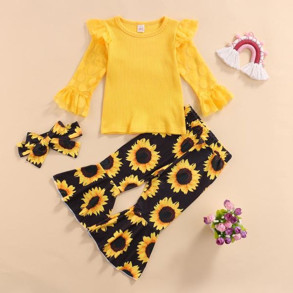 

clothing sets 1-5years toddler autumn 3pcs outfits lace splicing long sleeves t-shirt sunflower print flares headband for little girls, White