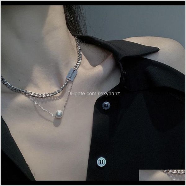 

necklaces & pendants jewelry drop delivery 2021 simple titanium steel letter double layer pearl pendant versatile clavicle chain net red per, Silver