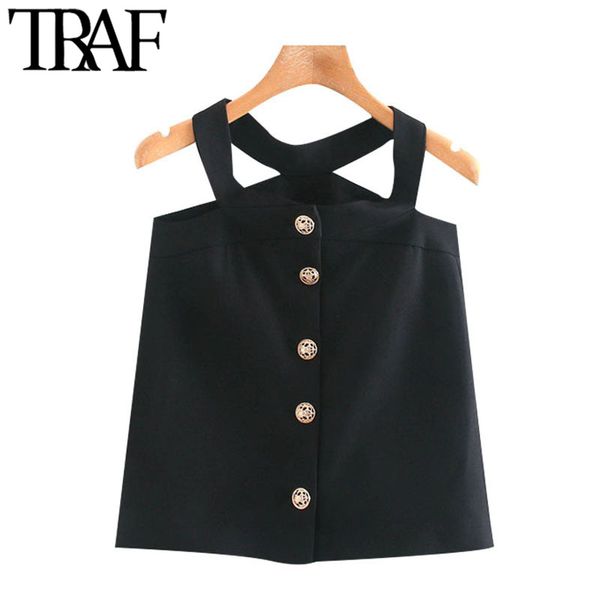 

traf women chic fashion with metal buttons mini skirt vintage high waist side hollow out female skirts mujer 210415, Black