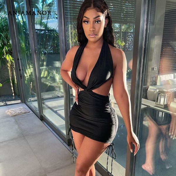 

summer club birthday womens dress outfits cut out drawstring halter backless bodycon d85 bh16, Black;gray