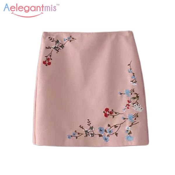 Aelegantmis Moda Autunno Rosa Corto PU Gonna di pelle Donna Autunno Aderente Mini Ricamo floreale Matita Gonne a vita alta 210607