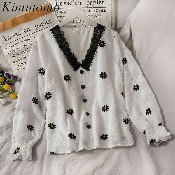 

kimutomo women sweet blouse girls lace patchwork floral spring autumn v-neck tassel long sleeve loose fashion 210521, White