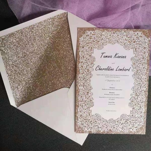 

greeting cards glitter gold wedding invitation laser cut lace rose