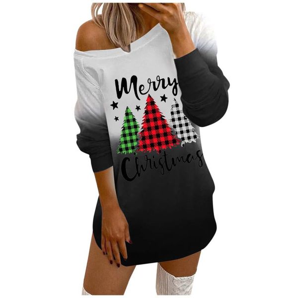 

casual dresses merry christmas tree print sweatshirts dress tie dye gradient long sleeves tshirt blouse off-shoulder o-neck robes vesti, Black;gray