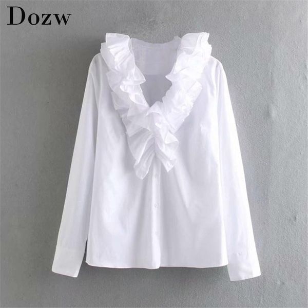 

women's blouses & shirts ruffle collar solid elegant office wear blouse women 2021 casual ladies long sleeve female vintage shirt chem, White