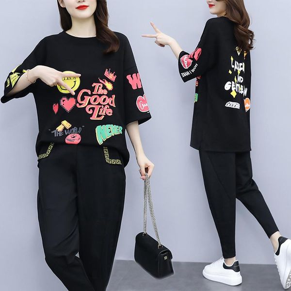 

women's two piece pants large size fashion suit female summer print round neck t-shirt + elastic waist nine-point casual loose two-piec, White