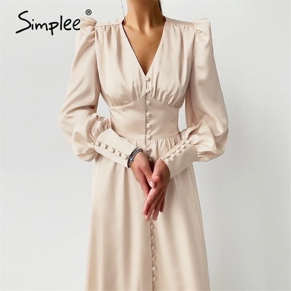 

simplee elegant spring satin bishop sleeve a-line dress women v-neck high waist button dress solid vintage long dresses chic 210409, Black;gray