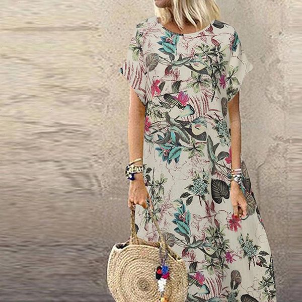 

summer fashion womens dress plus size casual short sleeve boho retro linen print long maxi wholesale free, Black;gray