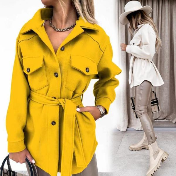 

women's wool & blends vintage woman loose sashes coats 2021 chic female autumn soft turndown collar outwear ladies elegant pockets jack, Black