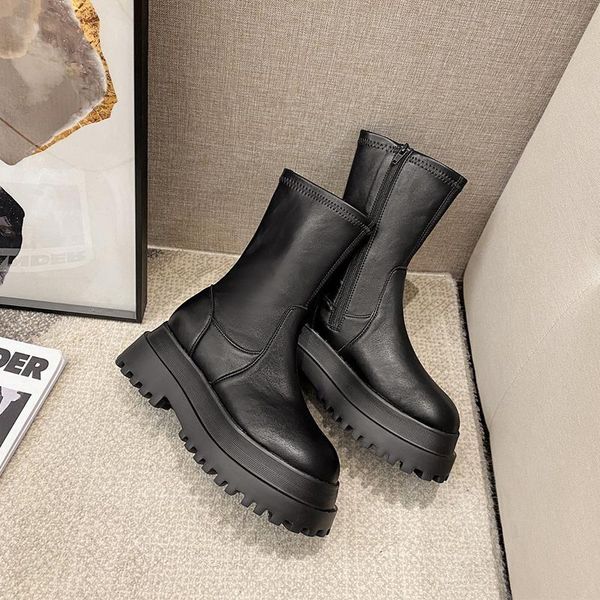 

women combat boots 2021 autumn winter gothic shoes high platform short fashion black stretch cloth ankle