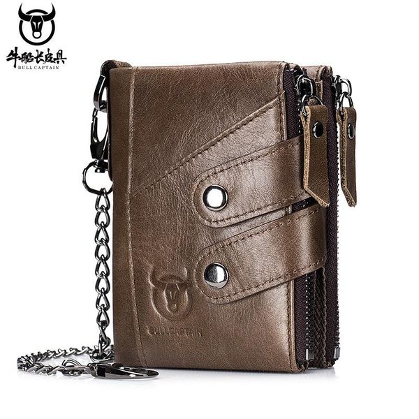 

first layer cowhide wallet men's leather retro zipper three-fold men chain purse wallets, Red;black