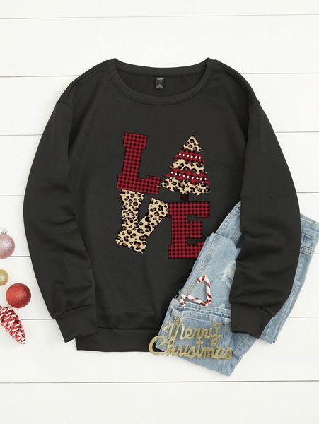 

plus letter & christmas tree print sweatshirt r5gj#, Black