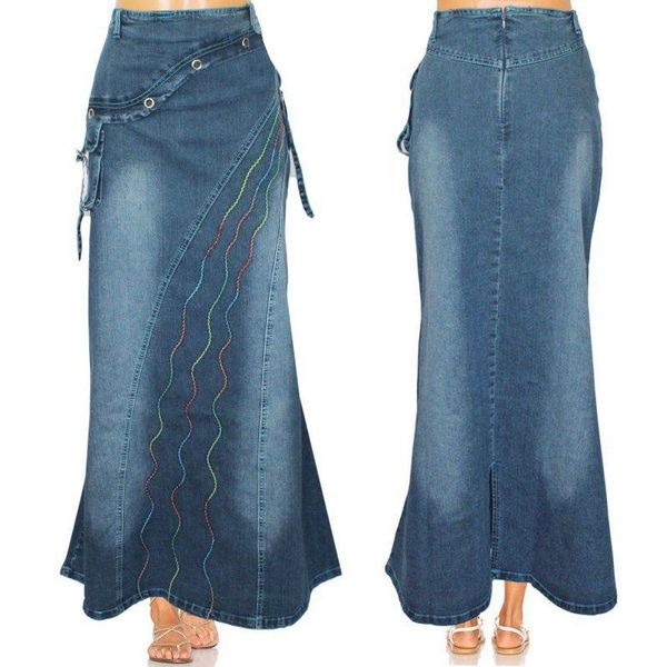 

skirts summer elegant rainbow wave line women's retro jeans plus size slim stitching expandable fishtail denim skirt high waist, Black
