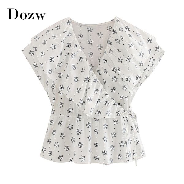

stylish floral print blouse shirt women v neck elegant ruffled blouses summer short sleeve casual bow tie shirt 210414, White