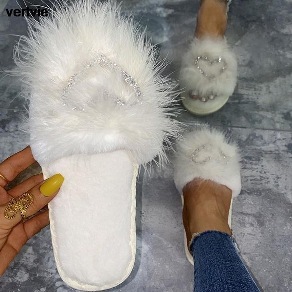 

vertvie faux women furry slippers ladies shoes cute love bling fluffy women's fur winter home for, Black