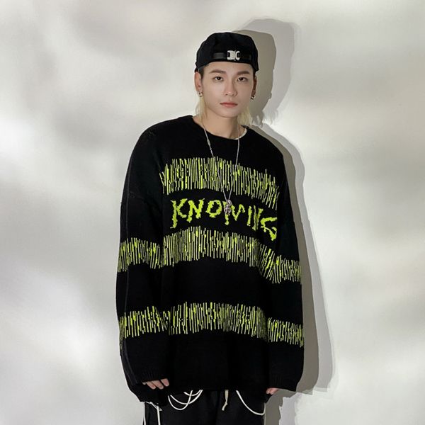 

sweater knit street trend contrast striped pierced men's high loose round neck pullover long sleeve, White;black