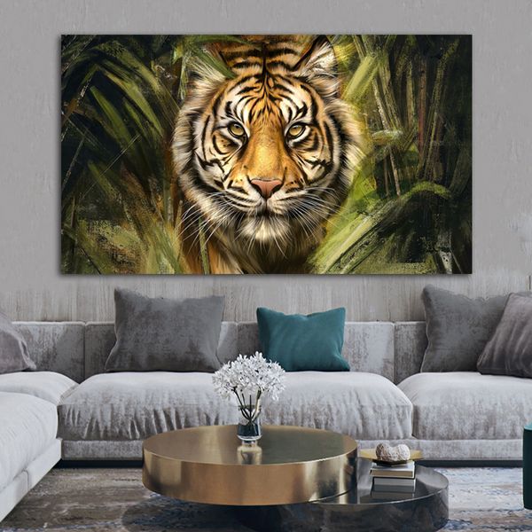 Tiger im Dschungel Poster Wandkunst für Wohnzimmer Leinwanddrucke Wandgemälde moderne Heimdekoration Tierbilder Katze Quadros