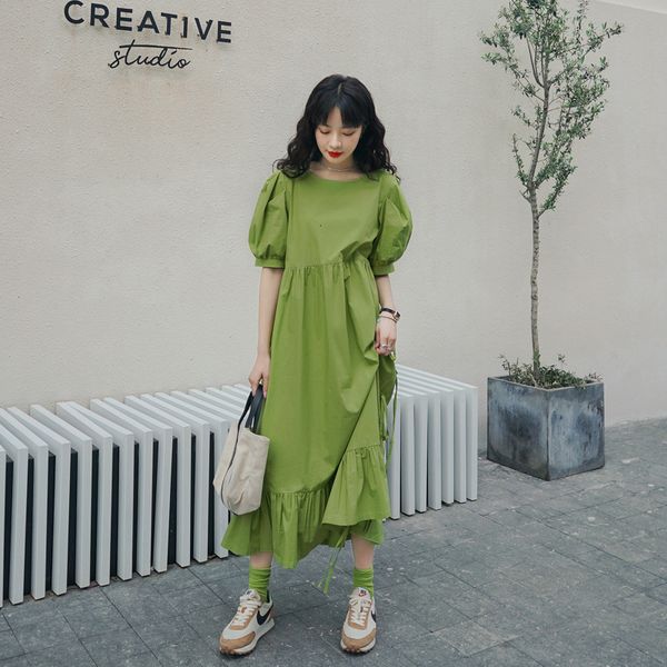 

luxury casual dresses style bubble sleeve green dr's summer korean version loose thin french sweet long skirt, Black;gray