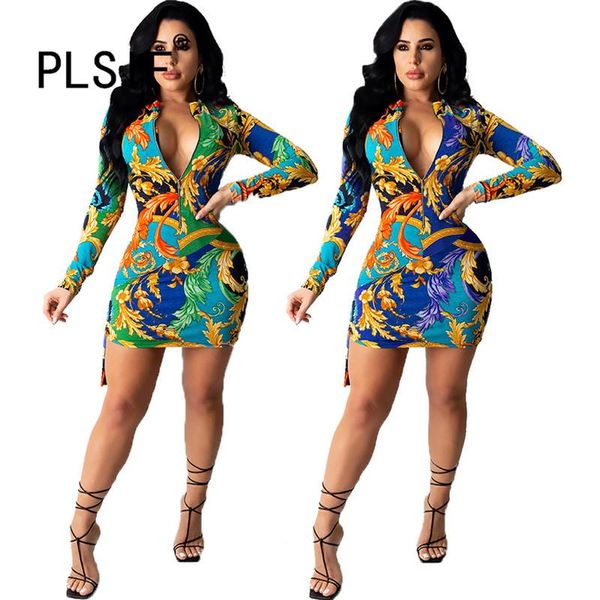 

casual dresses women v neck club mini dress full sleeve vintage print summer sheath vestidos, Black;gray