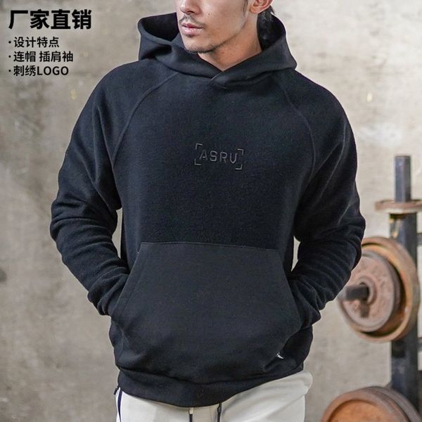 

autumn and winter solid color plush sweater men's fashion brand large pullover hoodie outdoor thickened warm et, Black