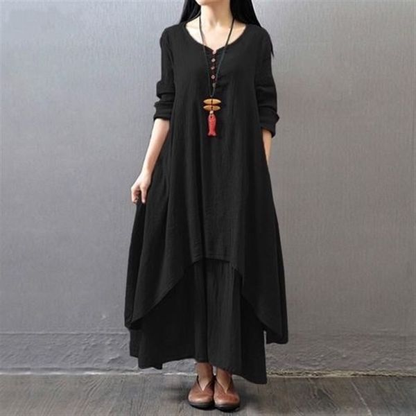 

aova 5 pieces of spring fake 2 pieces of cotton plus size dresses cotton linen and hemp loose sizelong sleeve and swing dress