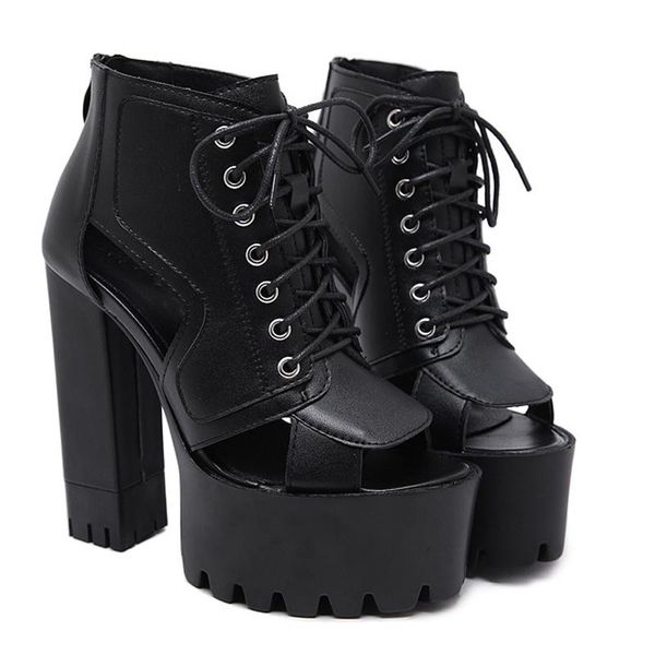 

dress shoes vintage punk rock gothic sandals women thick platform square chunky block high heels gladiator lja644, Black
