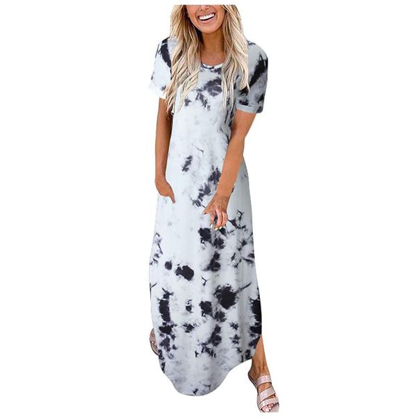 

casual dresses female simple summer ladies clothes round neck tie-dye print maxi dress short sleeves vintage elasticity plus size, Black;gray