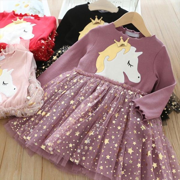 

autumn kids for girls unicorn girl dress party rainbow tutu princess baby casual long sleeve children clothing, Red;yellow