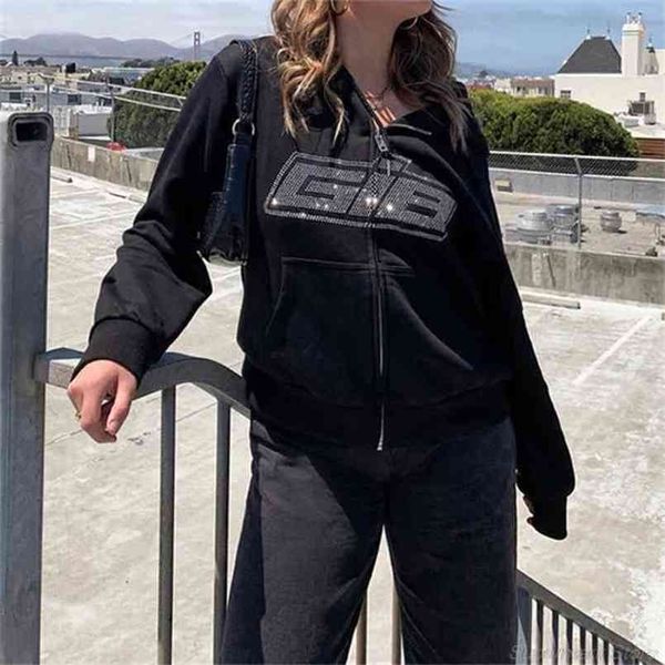 

women harajuku long sleeve hoodies jacket letters zip up sweatshirt coat oversized loose outwear with pockets m16 21 210809, Black