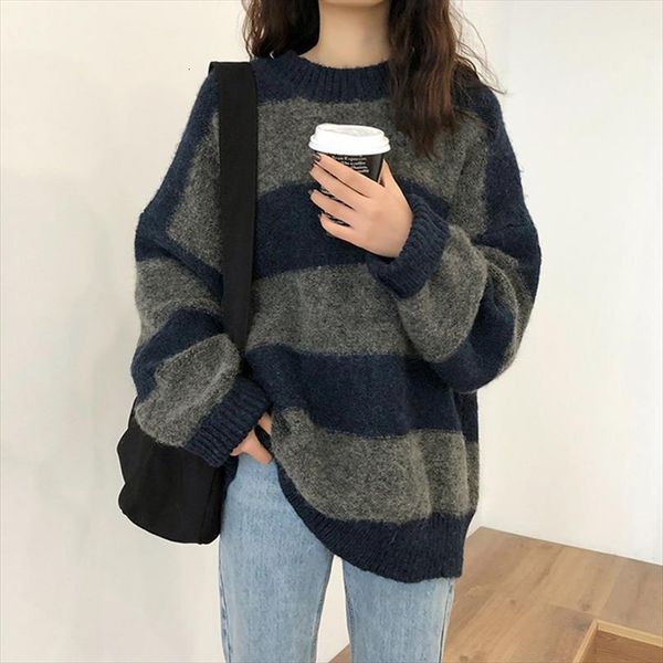 

women oversized striped vintage womens sweaters long sleeve pullover knitted ladies autumn korean casual loose o neck sueter mujer, White;black