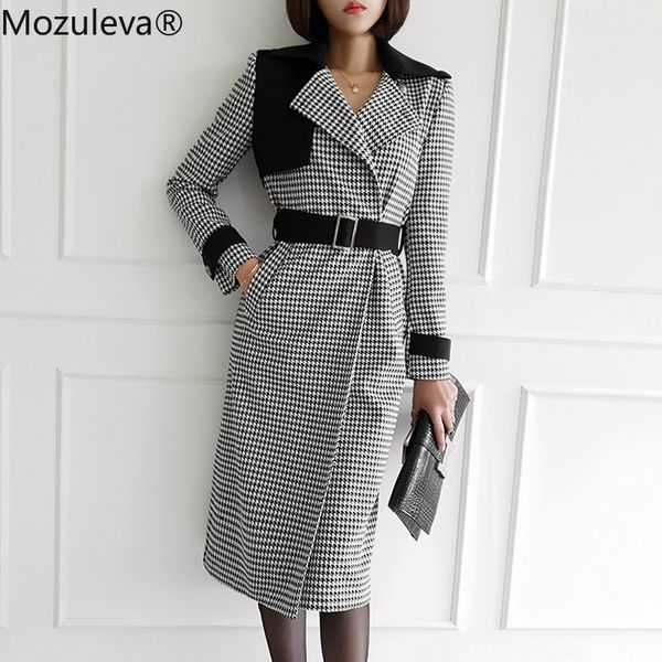 

winter double-breasted belted waist splicing plover case cloth coat women long korean s 210427, Black