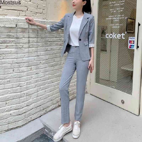 

summer spring office lady work wear two piece set women single button jackets notched collar blazer + pants suit sets outfits 210518, White;black