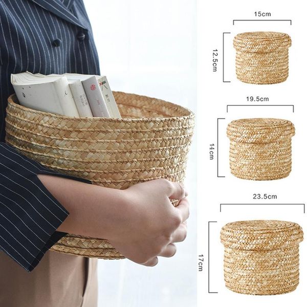 

storage baskets 1/2/3pcs handmade straw woven basket lid snack laundry organizer rattan box flower home accessories