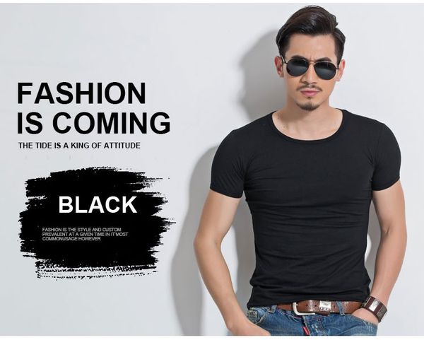 

lycra men's t shirt short sleeve o-neck slim solid color half sleeved man tee shirt men clothing, White;black