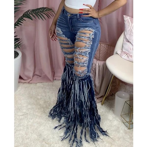 

women's jeans women mid waist vintage flare with holes patchwork bell bottom tassel jean denim pants trousers, Blue