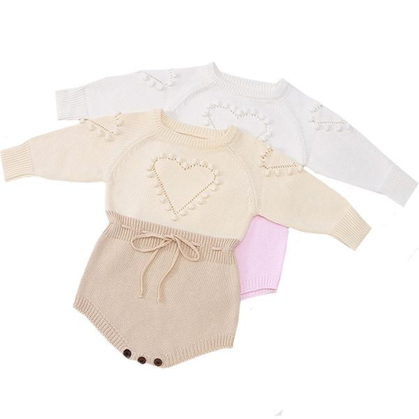 Kinder Mädchen Bodysuits Baby Kleidung Handgemachte Liebesform Stricken Infant Herbstgestrickte Overalls Kinder Kleidung 210417