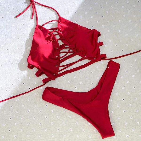 

women's swimwear vintage solid cross wire halter bandage sale thong brand girl bikinis set low waist 2021 women x27s swimsuit, White;black