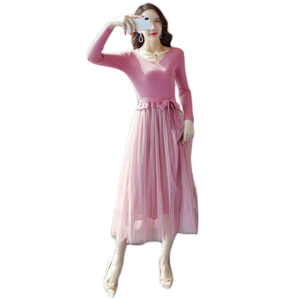 Vestito da festa donna rosa manica lunga primavera autunno maglia coreana cuciture fresche scollo a V slim maxi abiti con cintura LR806 210531