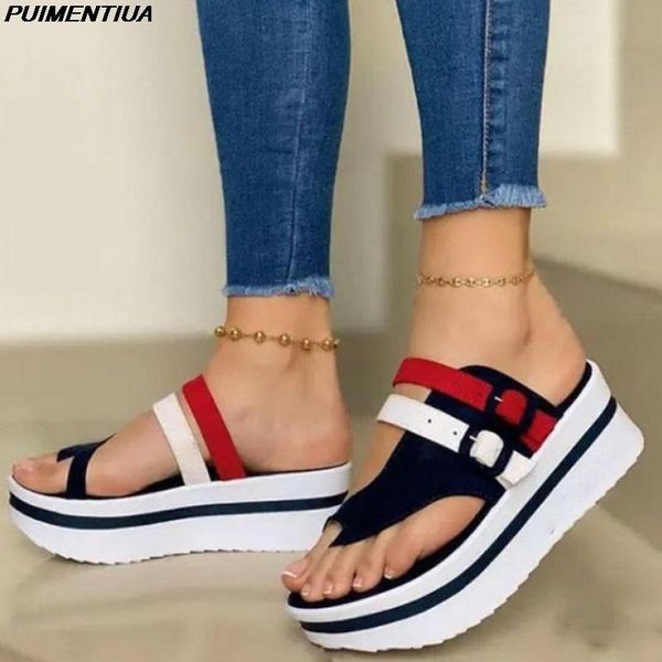 

puimentiua summer women slippers buckle decoration beach sandals female wedge shoes lady bath home outdoor flip-flops, Black