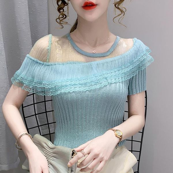 

women's t-shirt 2021 summer knitted t shirt women double-layer ruffles casual lace stitching mesh blusa, White