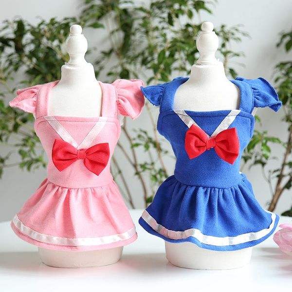

spring and summer flying sleeve college style dog dress blue pink colors luxury design small clothing for cats dogs apparel