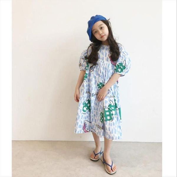 

korean style print girls puff girl dresses short sleeve cotton kids summer cute princess baby casual w1731, Red;yellow
