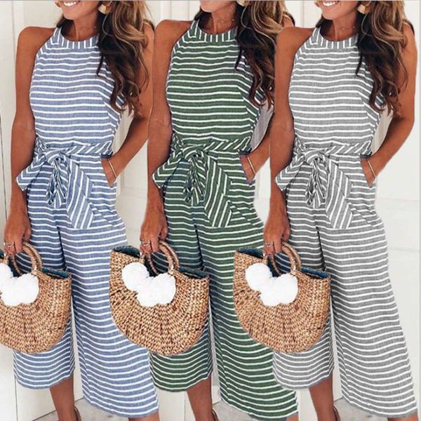 

4 color fashion slim lace up striped round neck jumpsuit, Black;white