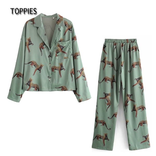 

casual animal printing sleepwear women summer pajamas leopard two piece set long sleeve shirts and pants 210421, Black