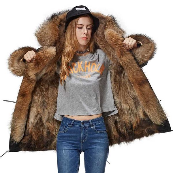 

maomaokong winter jacket women long parka real fur coat natural raccoon fur collar hood thick warm streetwear parkas 211019, Black